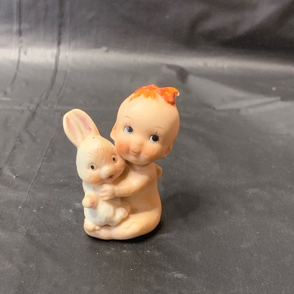 Other - Baby Figurine with Bunny Tan Red Bow Porcelain Angel Baby Kewpie Doll Vintage